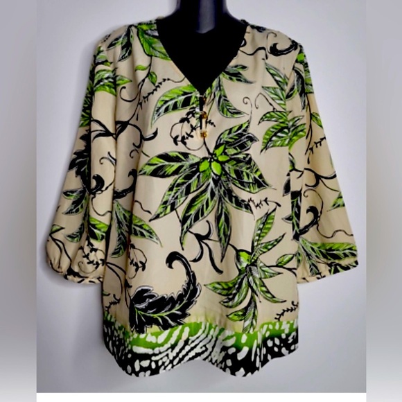 Dark Floral Bohemian Goth Indie  Blouse Black Cream Olive Green Size 0 - Picture 1 of 6
